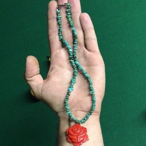 Vintage turquoise and coral rose necklace